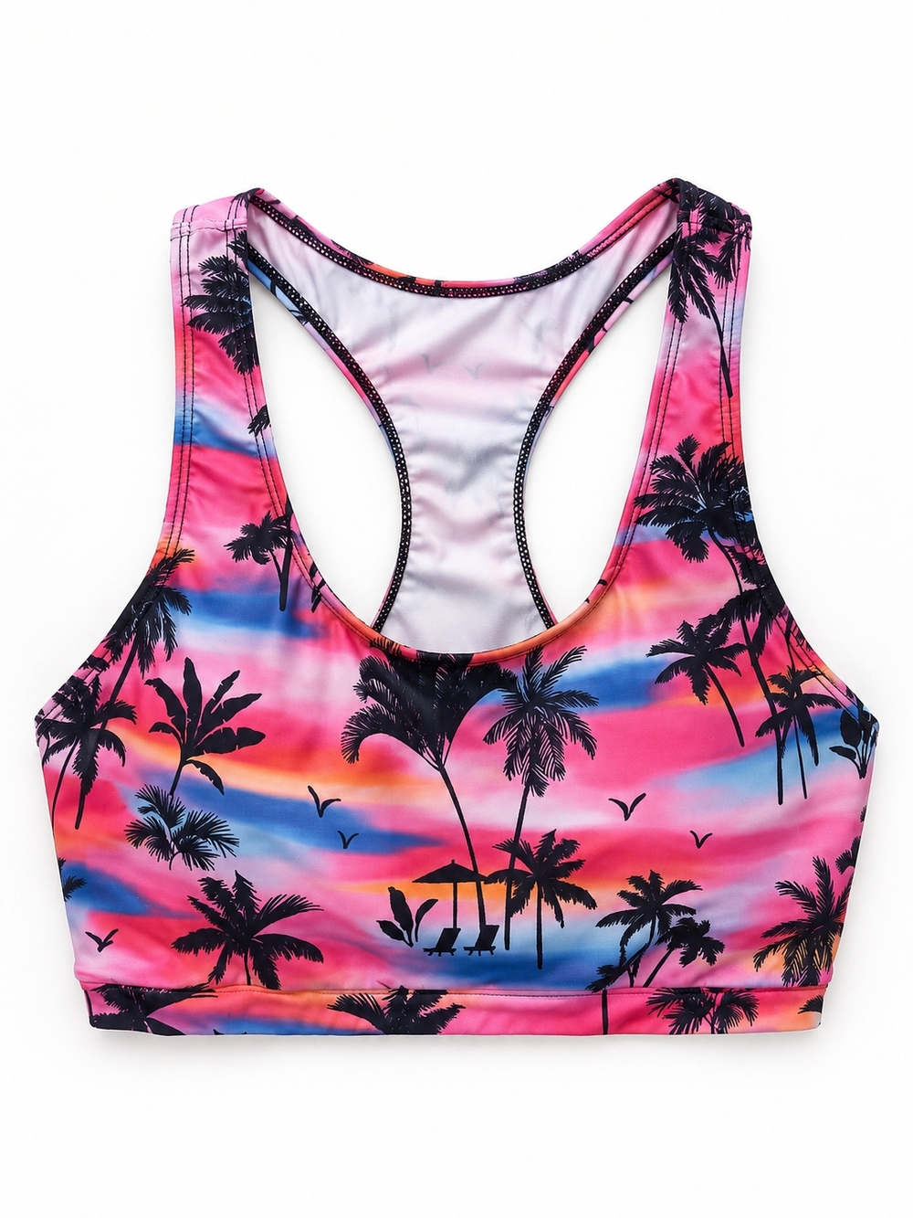 Pink And Blue Tropical Palm Tree Racerback Sports Bra Or Bikini Top. Large